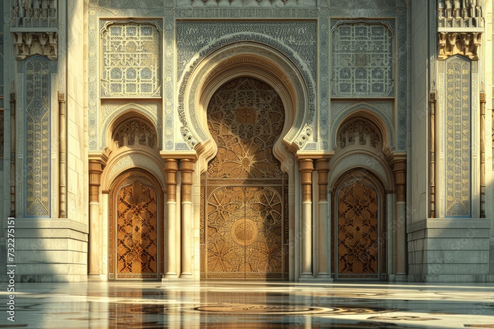 mosque door at sunset. The mosque is decorated with Islamic patterns.