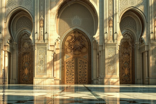 mosque door at sunset. The mosque is decorated with Islamic patterns. © MrHamster