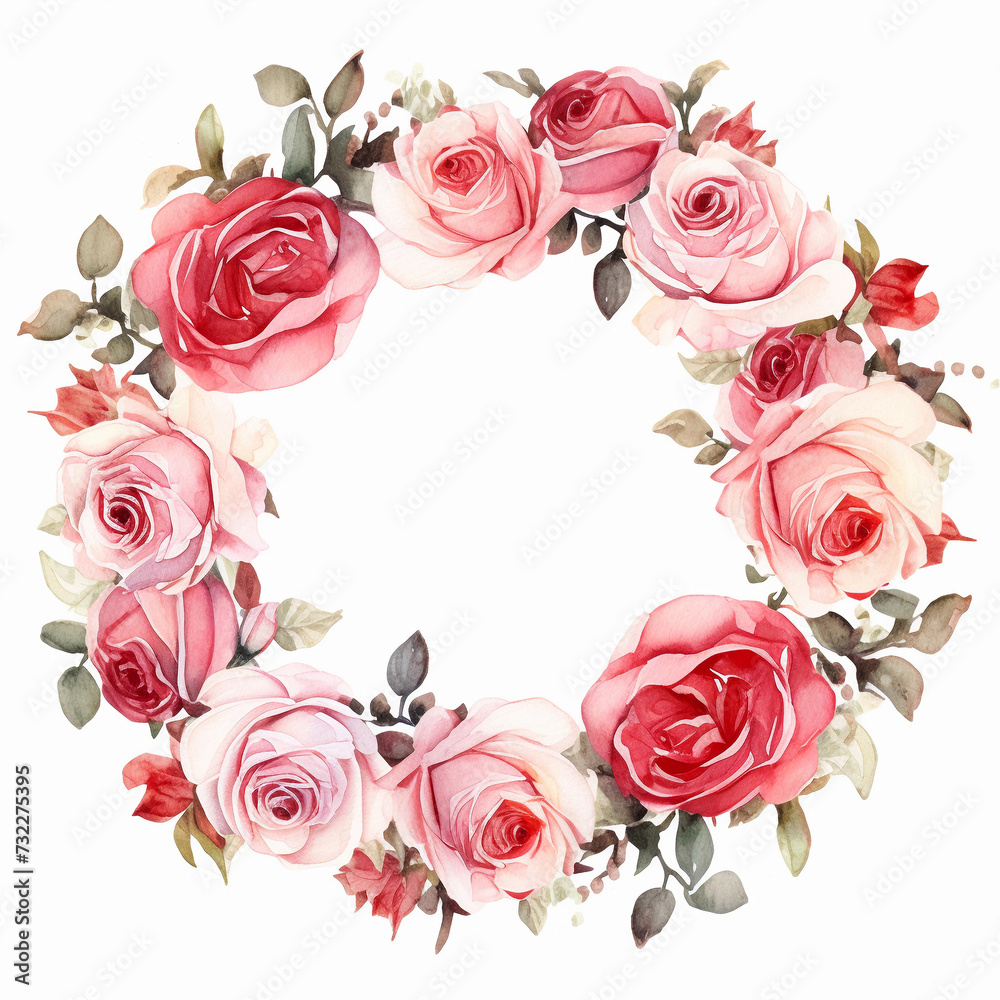 Round frame of watercolor pink roses on the white background