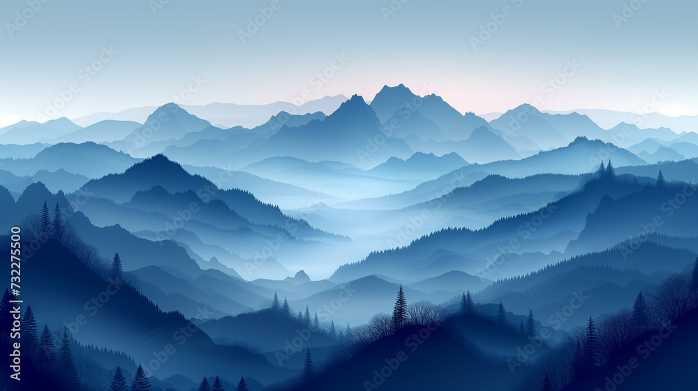 Misty Blue Mountains Landscape: Serene View of Layered Peaks, Foggy Valleys, and Silhouetted Pine Trees