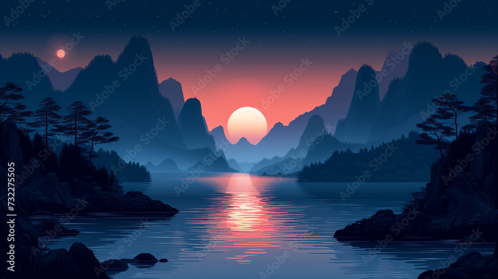 Serenity at Sunset: Silhouetted Mountains Reflect in Tranquil Lake Under Starry Sky