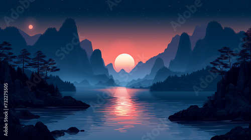 Serenity at Sunset  Silhouetted Mountains Reflect in Tranquil Lake Under Starry Sky