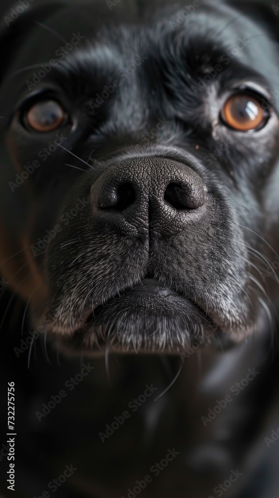 Black dog portrait, vertical background 