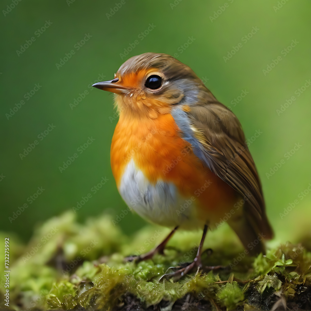 Cute european robin sitting on green moss Cute european robin sitting on green moss