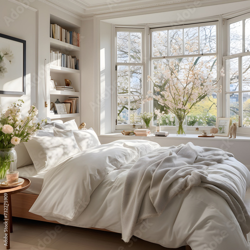 Classical bedroom and living room 3d render,The rooms have wooden floors and gray walls ,decorate with white and gold furniture,There are large window looking out to the nature view 0023