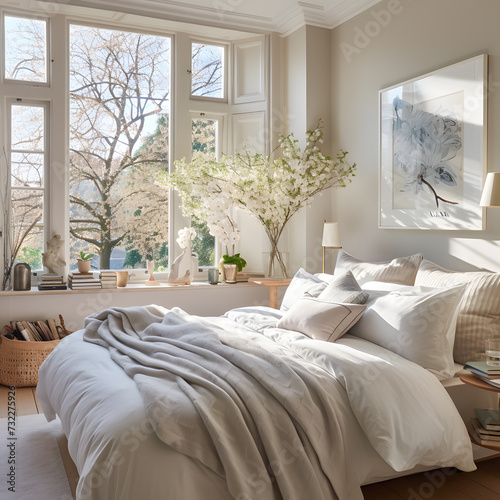 Classical bedroom and living room 3d render,The rooms have wooden floors and gray walls ,decorate with white and gold furniture,There are large window looking out to the nature view 0020