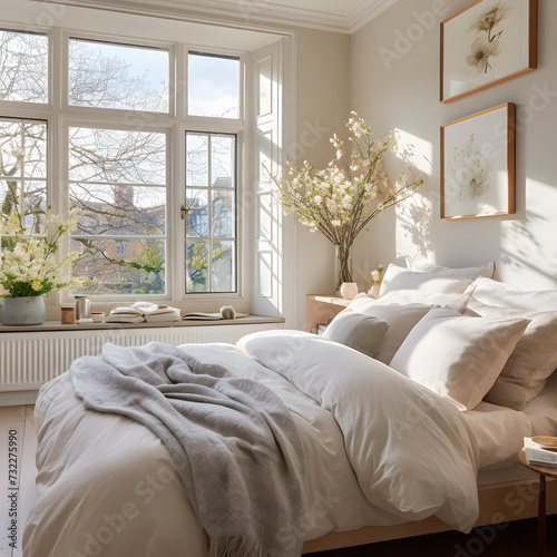 Classical bedroom and living room 3d render,The rooms have wooden floors and gray walls ,decorate with white and gold furniture,There are large window looking out to the nature view 008