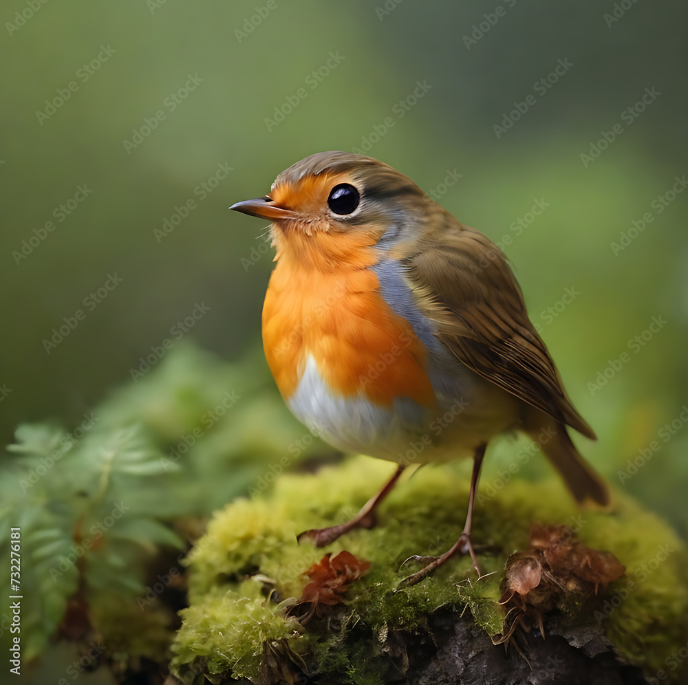 Cute european robin sitting on green moss