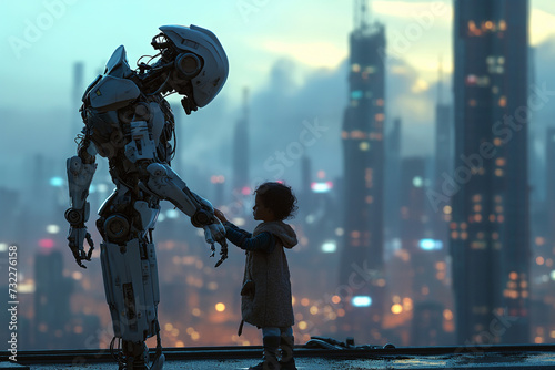 Cyborg taking care of a small kid, futuristic city in the background at blue hour. Ai generated © twindesigner
