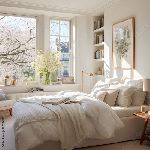 Classical bedroom and living room 3d render,The rooms have wooden floors and gray walls ,decorate with white and gold furniture,There are large window looking out to the nature view 05 © sinjith