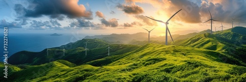 Situated above verdant hills are wind turbines.Generative Ai. photo