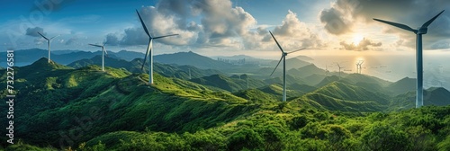 Situated above verdant hills are wind turbines.Generative Ai.