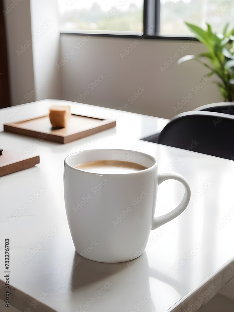 A white coffee mug is placed on the table.
