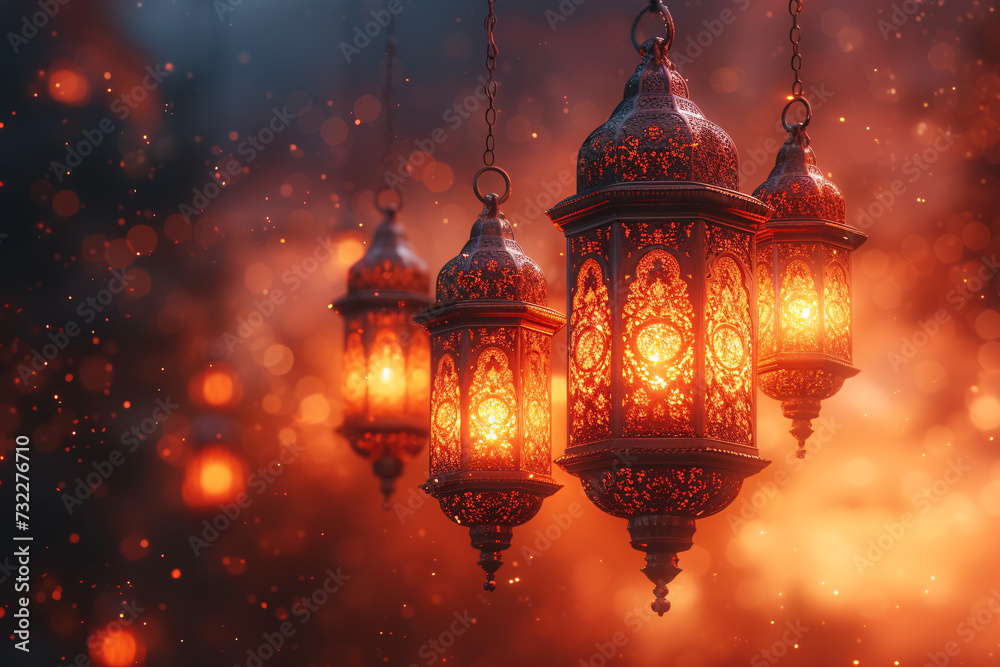 Fototapeta premium Ramadan Kareem greeting card banner poster design with Golden lantern 