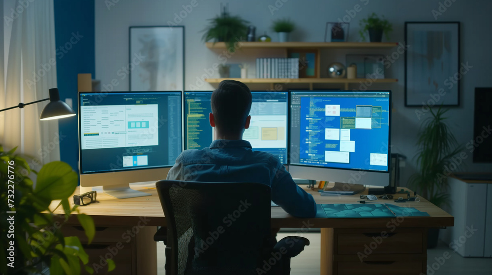 IT developer working online software development on pc monitors at modern home office on coding application screens, creating updated latest program firmware information version concept