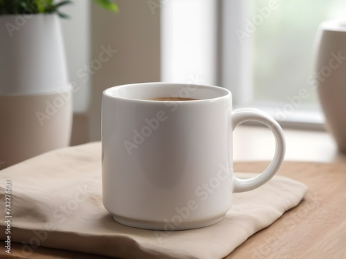 A white coffee mug is placed on the table