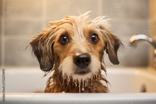 Adorable Dog Takes a Refreshing Bath. Charm overload as a cute dog indulges in a bubbly bath, showcasing irresistible cuteness and the joy of a refreshing soak. Ai generated