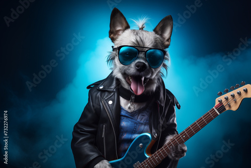 Funny punk dog rocker holding a rock guitar and wearing a leather skin coat and sunglasses, blue pink smoke in the background. Ai generated