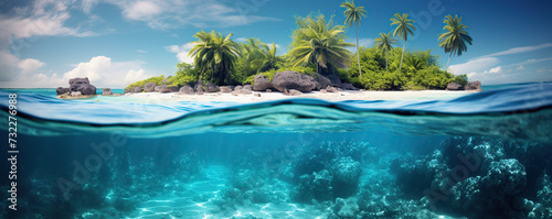 tropical island split view with vivid underwater life