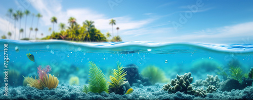 tropical island split view with vivid underwater life photo