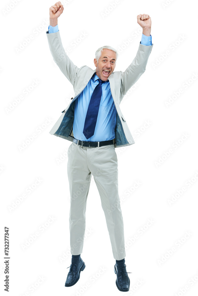 Business, portrait and man jump in studio for joy, excitement and promotion at corporate work. Mature, worker and smile with happiness for manager position by company, success with white background Business, portrait and man jump in studio for joy, excitement and promotion at corporate work. Mature, worker and smile with happiness for manager position by company, success with white background
