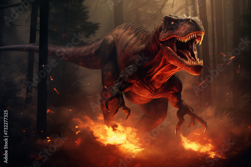 T Rex Dinosaur Screaming and Running in a Forest full of Fire and flames, Extinction event concept. Ai generated © twindesigner
