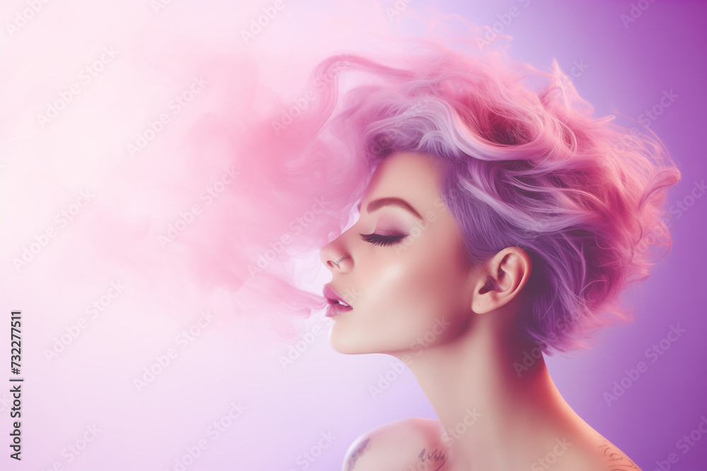 Beautiful Woman with pink smoke instead of her hair, her hair is actually smoke with pink purple colors, the woman has closed eyes and relaxed face, flat pastel color background. Ai generated