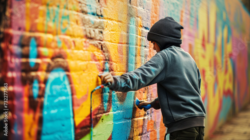 Young Kid in Hoodie and Hat Creates Vibrant Graffiti Magic on City Wall. Ai generated