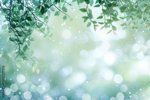 background of a bokeh with green leaves on a branch.