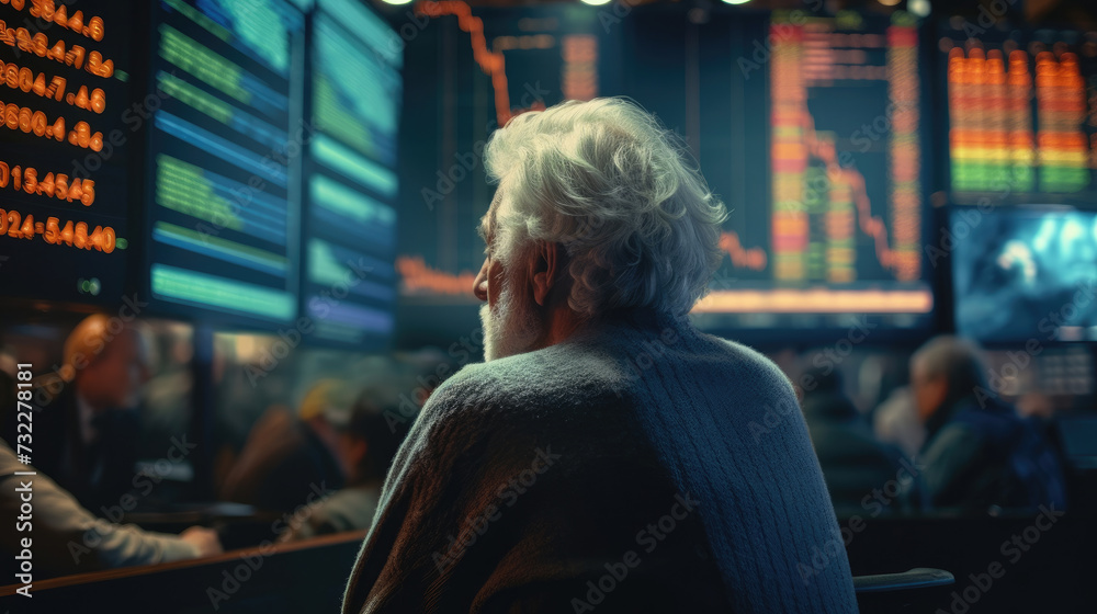 A stressed old man sees the stock market plummeting on the monitor screen A stressed old man sees the stock market plummeting on the monitor screen
