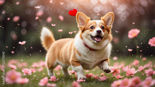 Happy corgi dog playing on a field of flowers. Cute pet running in an outdoor park.