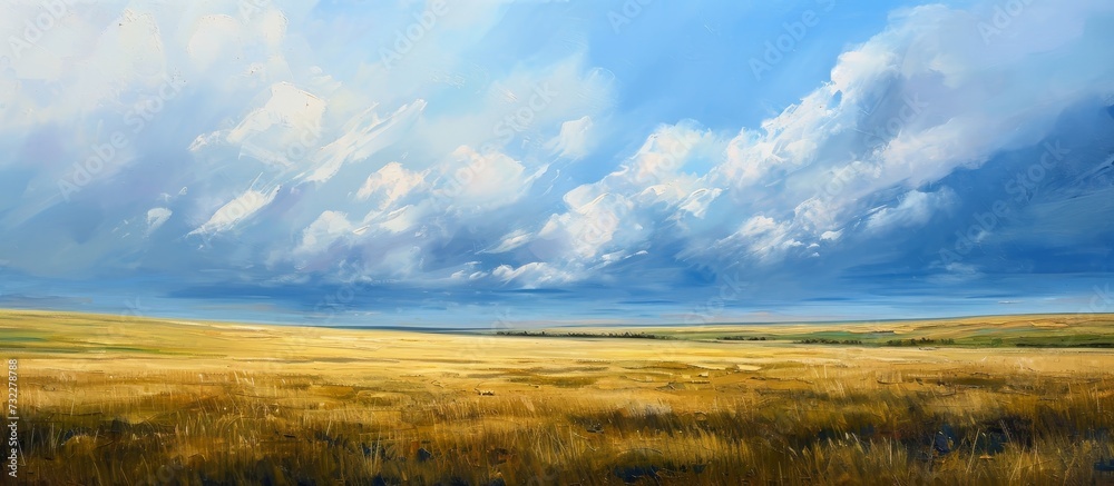A mesmerizing painting capturing a grassy plain with a cloudy sky backdrop, exhibiting the beauty of the natural landscape and ecoregion.