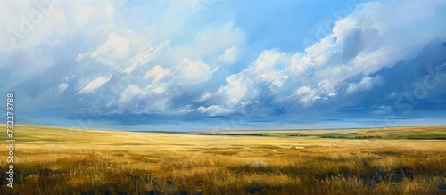A mesmerizing painting capturing a grassy plain with a cloudy sky backdrop, exhibiting the beauty of the natural landscape and ecoregion. photo