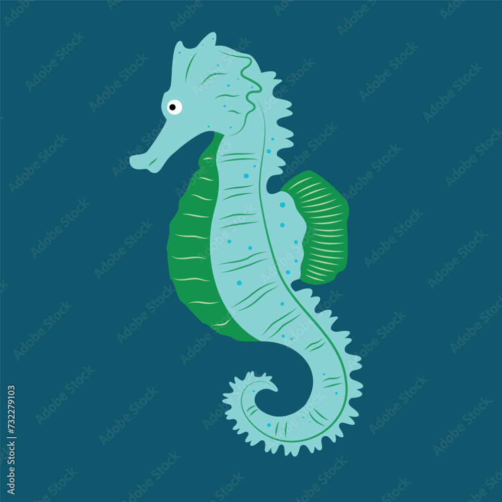 Fototapeta premium Green seahorse, turquoise background, cartoon style