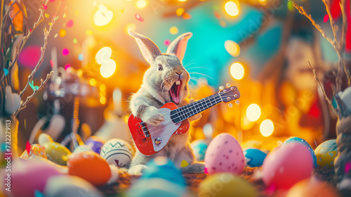 Cute Easter bunny playing electric guitar and screaming a song on stage as a rock star. Creative party holiday concept photo
