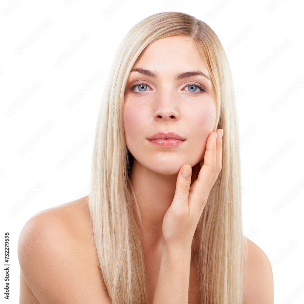 Skincare, hand and portrait of woman, hair and beauty makeup isolated on a white studio background. Face, touch and hairstyle of blonde model in cosmetics, hairdresser and salon treatment for glow Skincare, hand and portrait of woman, hair and beauty makeup isolated on a white studio background. Face, touch and hairstyle of blonde model in cosmetics, hairdresser and salon treatment for glow