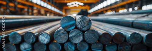 Steel round bar rows at a warehouse. Generative Ai. photo
