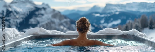 A young lady relaxing in a hot tub. Generative Ai. photo