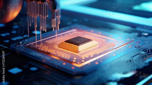 closeup shot of a semiconductor chip being coated with a protective layer in a semiconductor manufacturing facility.  photo