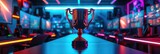 The trophy for the esports champion is shown on stage. Generative Ai.