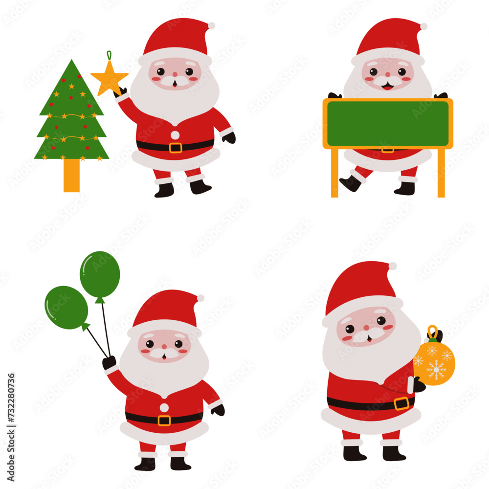 Christmas Santa Claus With Different Character, Vector Illustration Set.