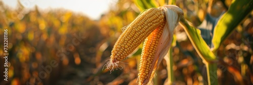 Corn cobs amid a field of corn plantations. Generative Ai. photo