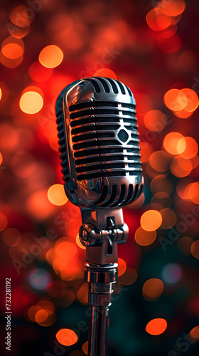 a vintage microphone in front of bokeh background, in the style of light red and silver