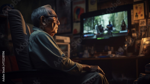 家でテレビを見るアジア人高齢男性