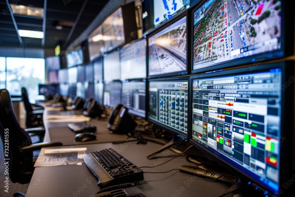 The central command center for traffic control with numerous traffic camera feeds