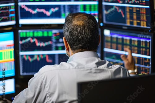 View over the shoulder of a stock broker trading online, computer screens filled with charts and data analyses