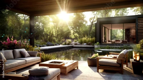 living room with garden and pool in the morning illustration