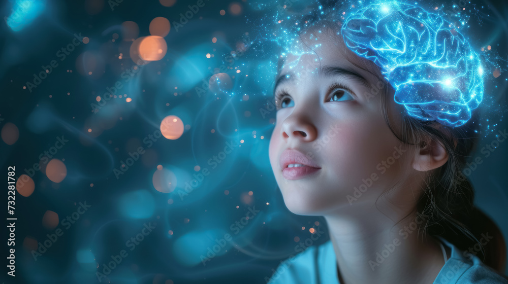 A young girl gazes upward, lost in thought, with a digital illustration of a glowing brain representing imagination and ideas. A young girl gazes upward, lost in thought, with a digital illustration of a glowing brain representing imagination and ideas.