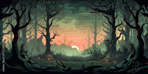 Cartoon spooky forest, scary woods graphic resource, retro vintage gaming backdrop illustration, computer graphics, generated ai