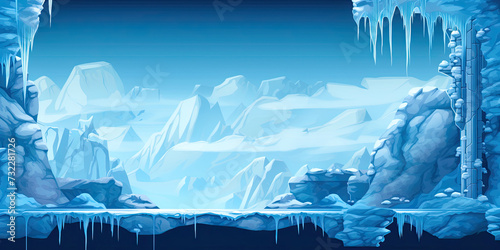 Video game background, Winter ice frost artic level of scrolling platform, retro vintage gaming backdrop illustration, computer graphics, generated ai